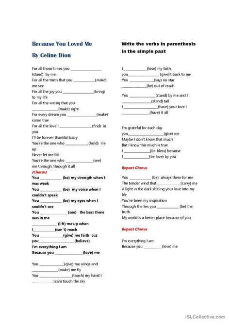 Song Worksheet: Because You Loved Me by Celine Dion